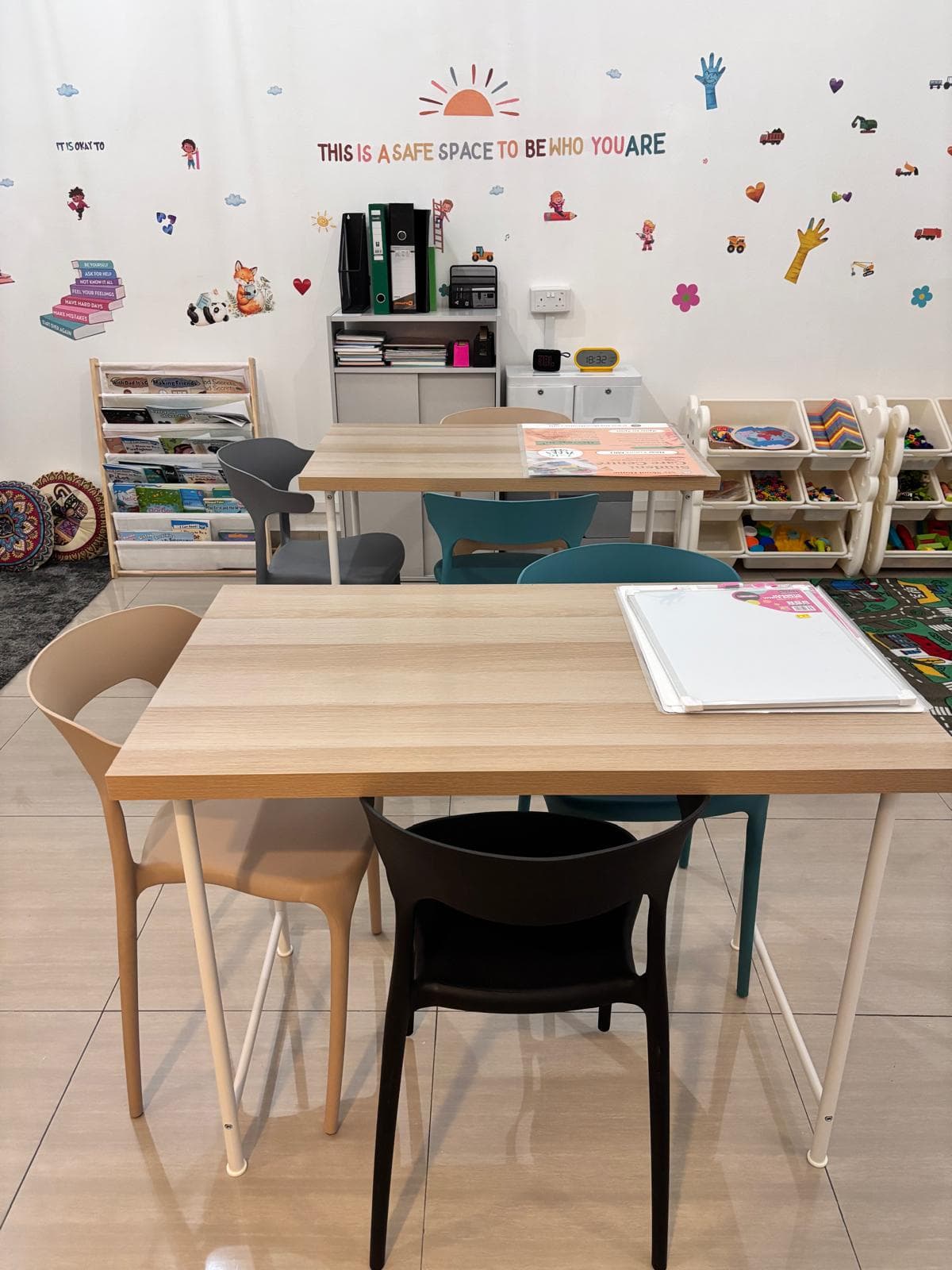 Two wooden study tables with chairs, ready for homework time